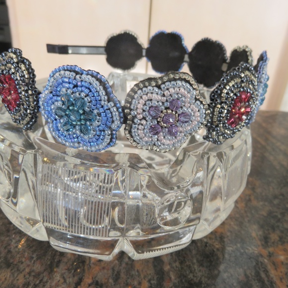 Beaded Flower Headband with Faceted Swarovski Crystals in Pink and Aquamarine main image 10